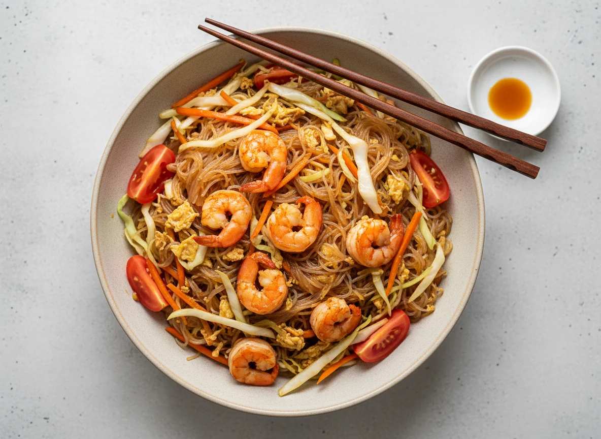 Креветки с фунчозой и овощами photo