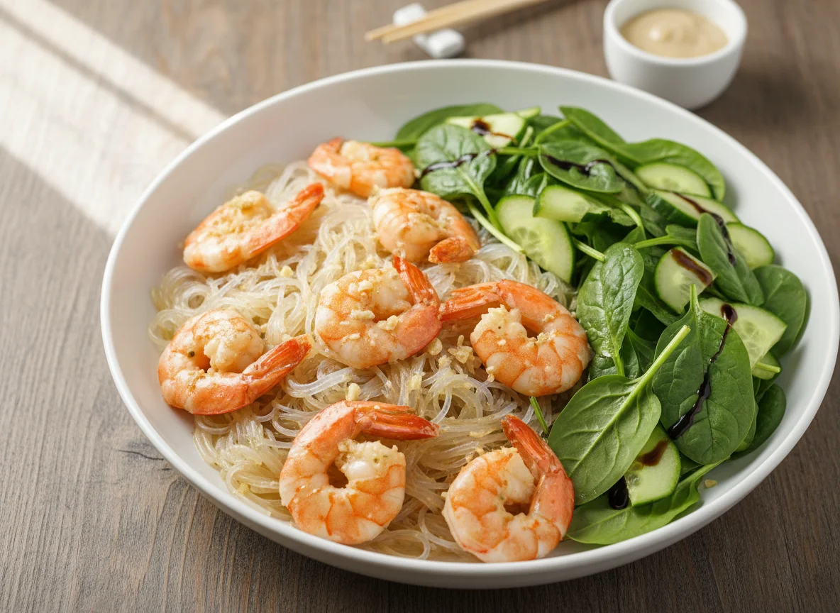 Креветки с фунчозой и салатом из шпината photo