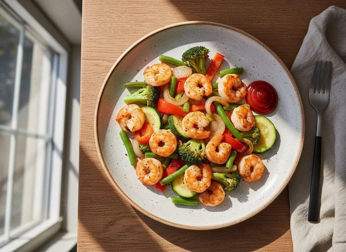 Креветки с картофелем и овощами photo