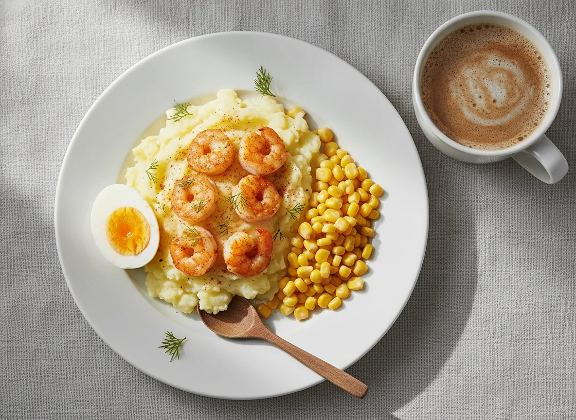 Креветки с картофельным пюре, кукурузой и яйцом photo