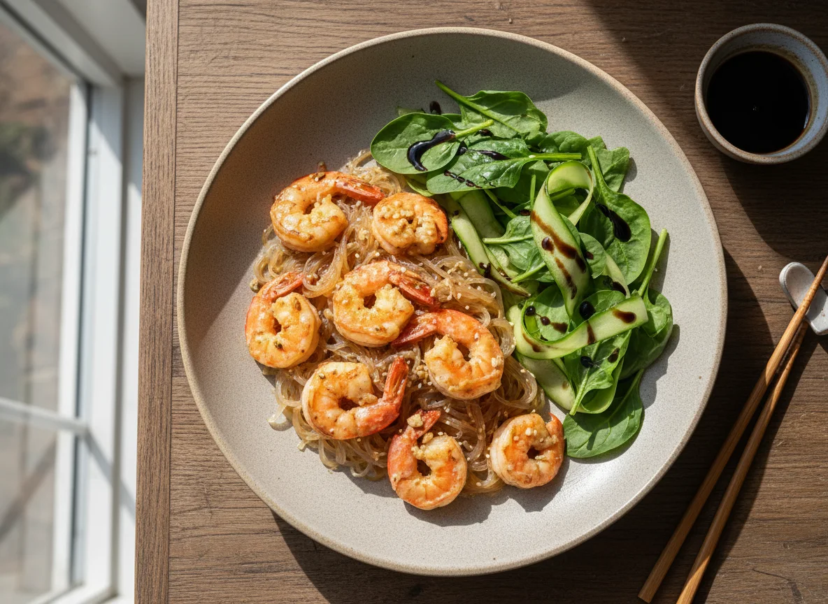 Креветки с лапшой и салатом photo