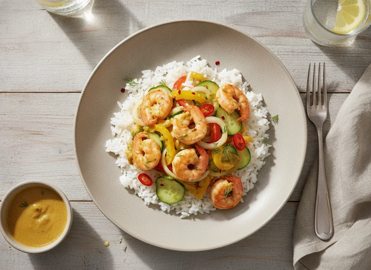 Креветки с овощами и рисом photo