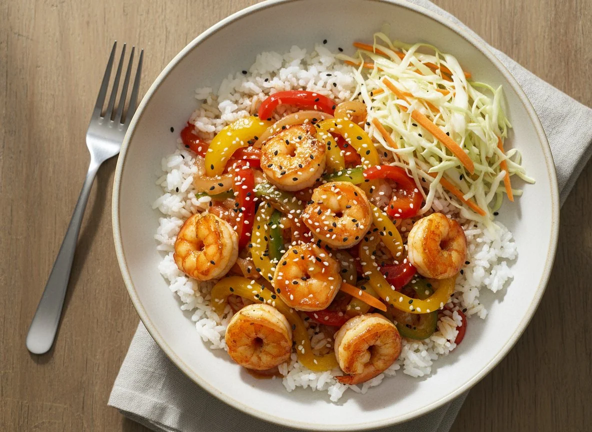 Креветки с рисом и овощами в соусе photo