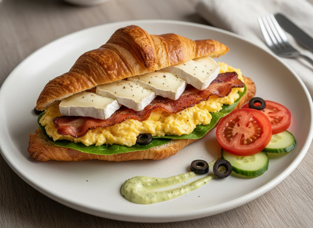 Круассан с беконом, яичницей и сыром photo