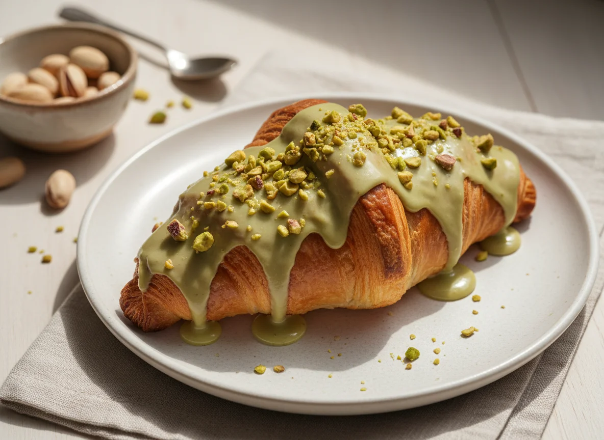 Круассан с фисташковой глазурью и орехами photo