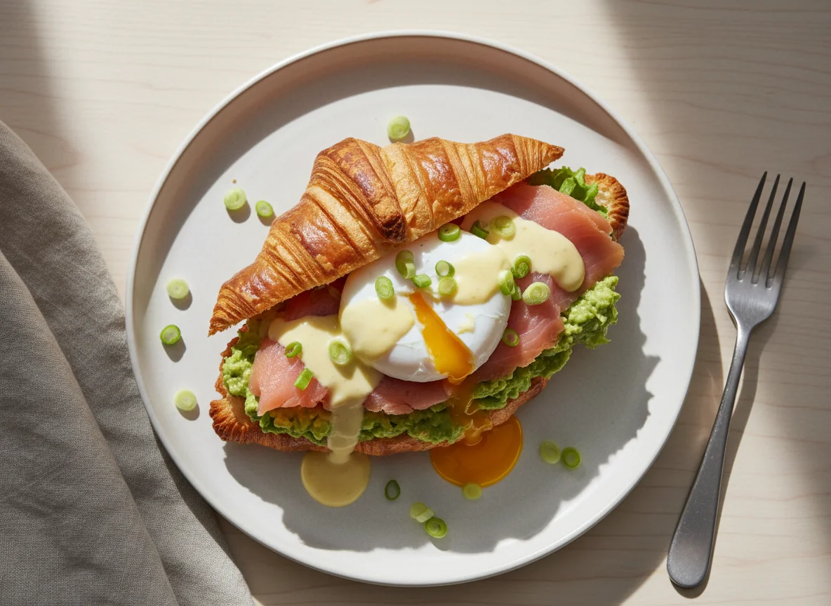 Круассан с копчёной форелью под соусом голландез photo