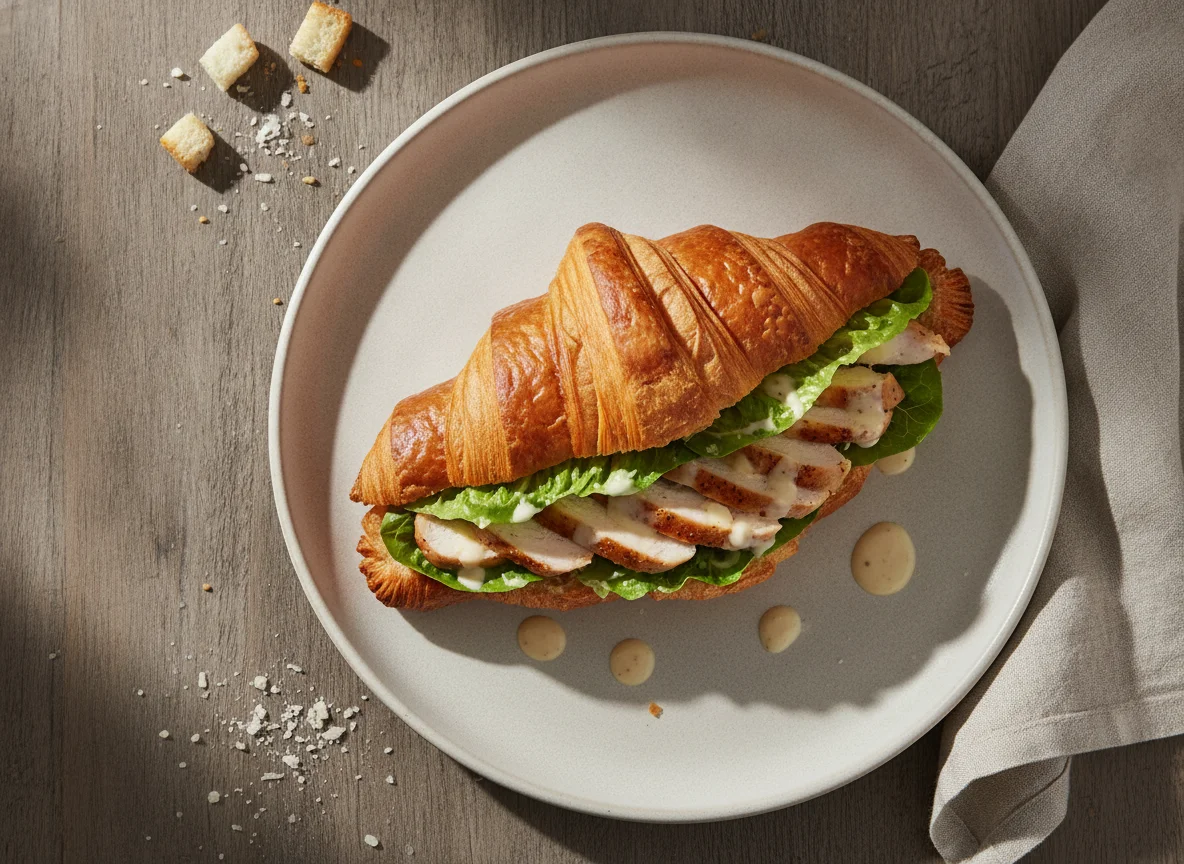 Круассан с курицей и салатом цезарь photo