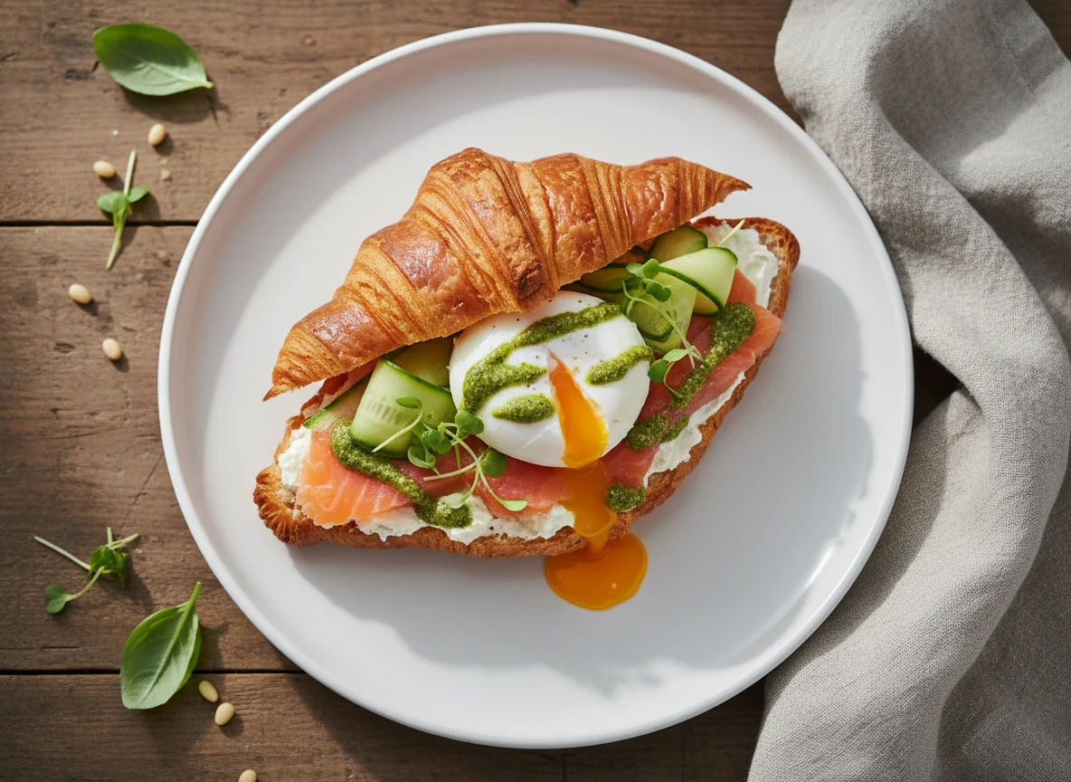 Круассан с лососем, яйцом пашот и песто photo