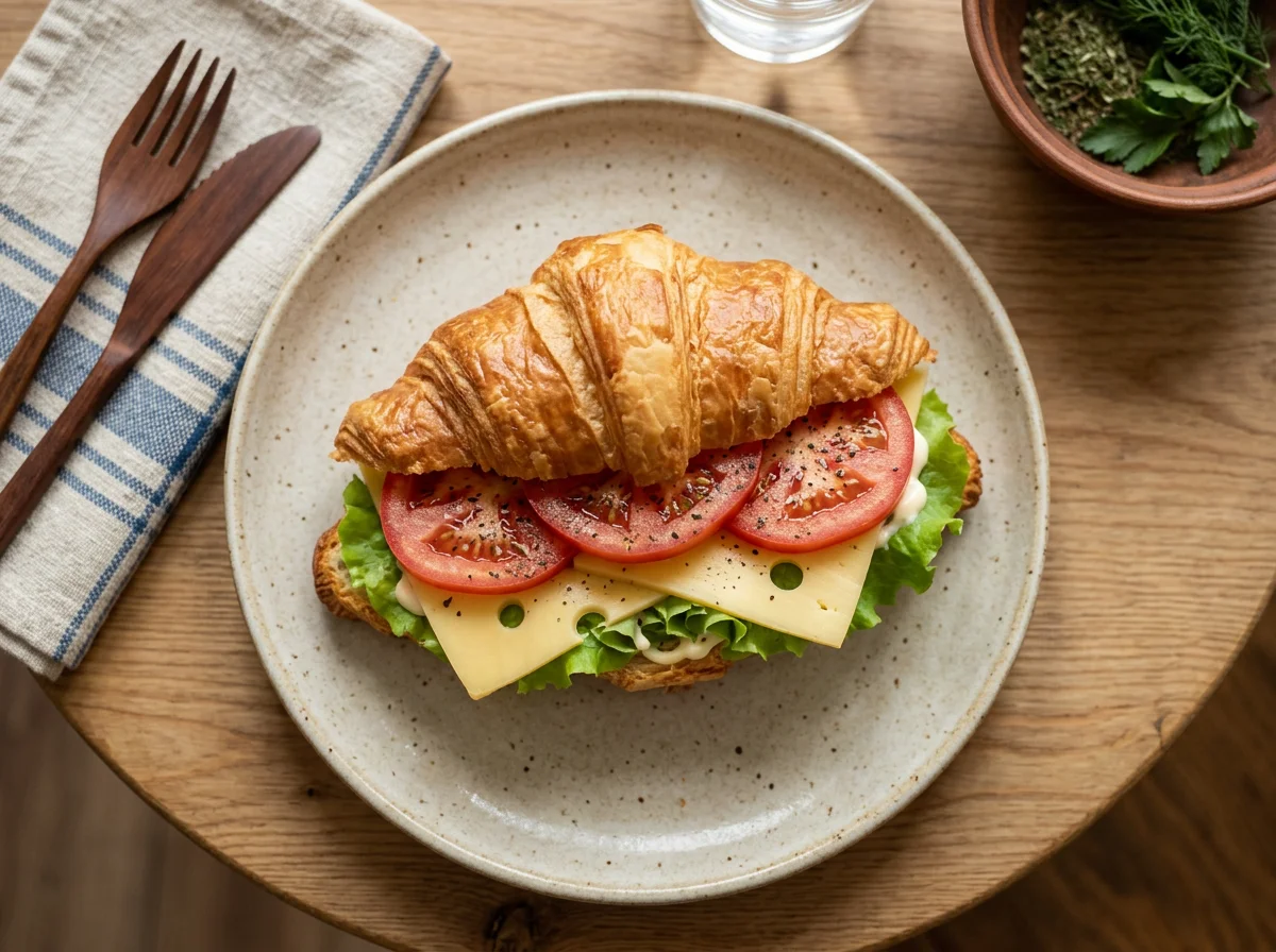 Круассан с сыром, салатом и помидором photo