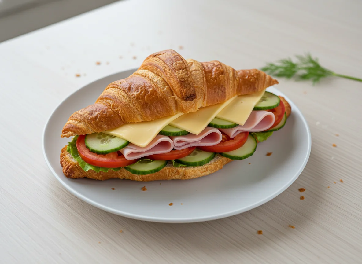 Круассан с сыром, ветчиной и овощами photo