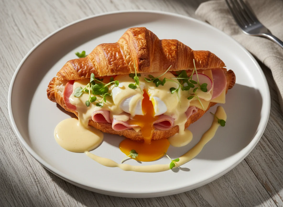 Круассан с ветчиной, сыром, яйцом пашот и голландским соусом photo