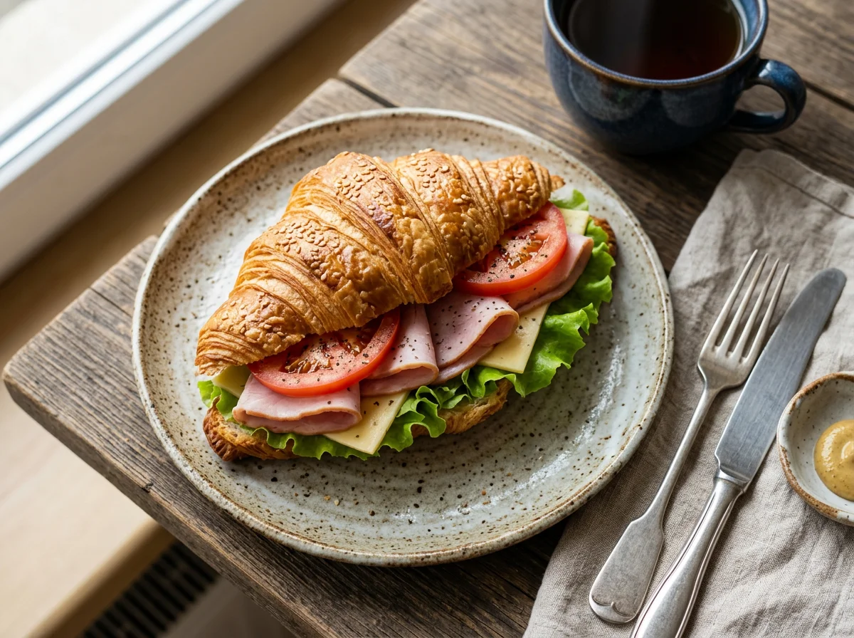 Круассан с ветчиной, сыром и овощами photo