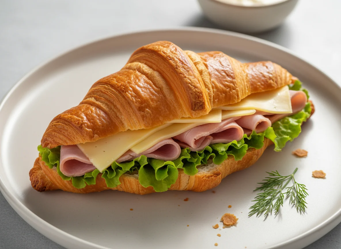 Круассан с ветчиной, сыром и салатом photo