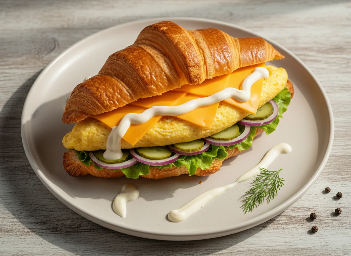 Круассан-сэндвич с омлетом, сыром и овощами photo