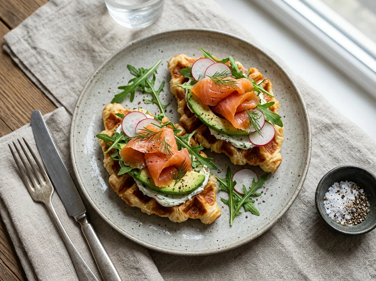 Круассан-вафли с копченым лососем, авокадо и сливочным сыром photo