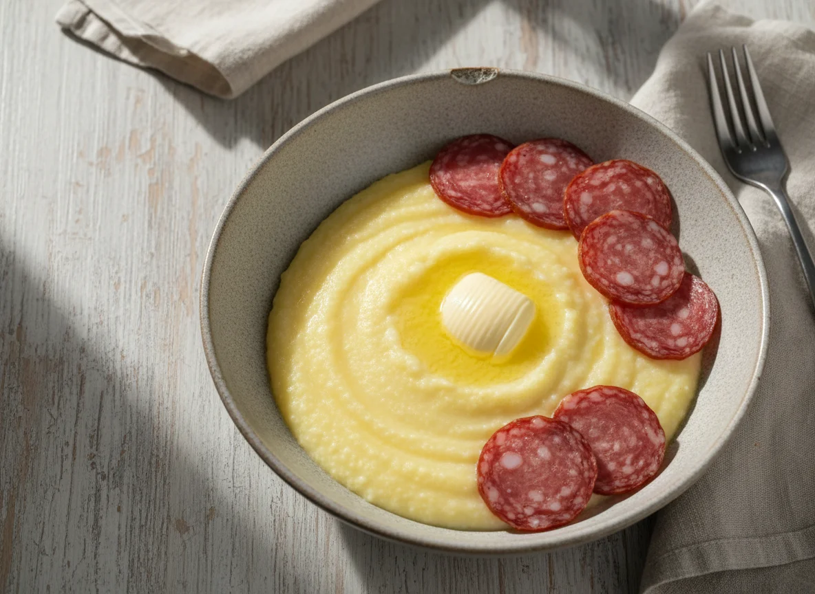 Кукурузная каша с маслом и колбасой photo