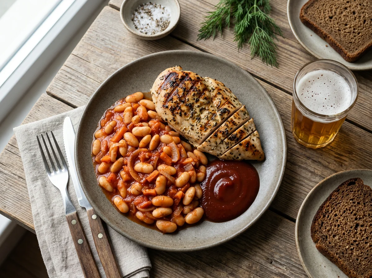 Курица гриль с фасолью в томатном соусе и кетчупом photo