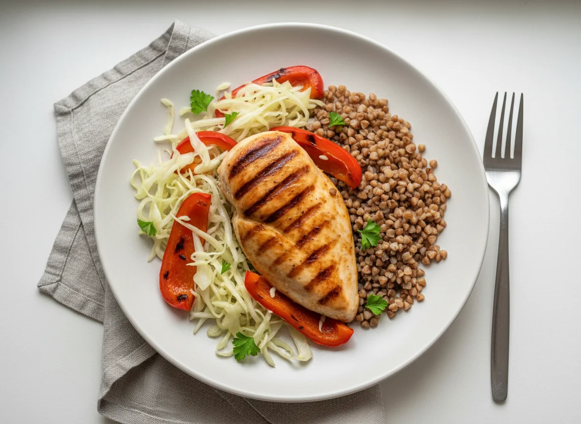 Курица гриль с гречкой и овощами photo