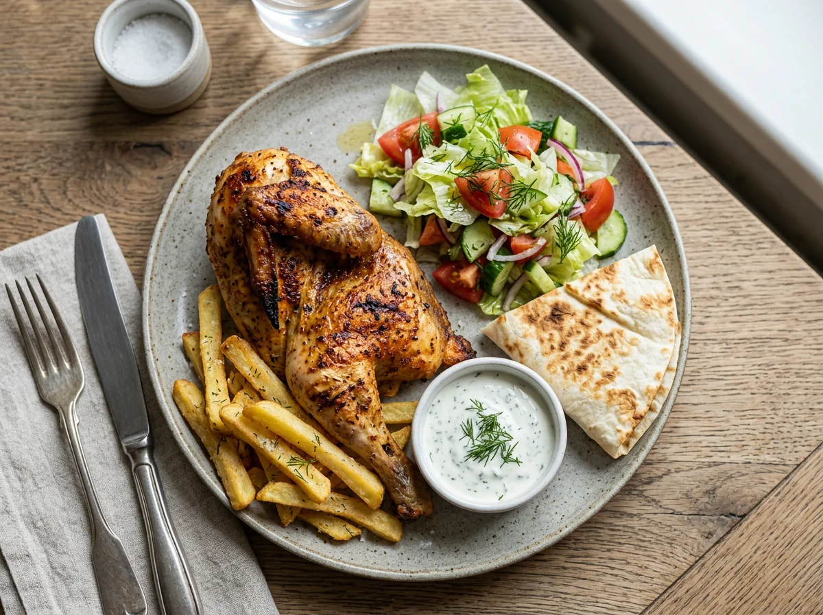 Курица гриль с картофелем фри и салатом photo