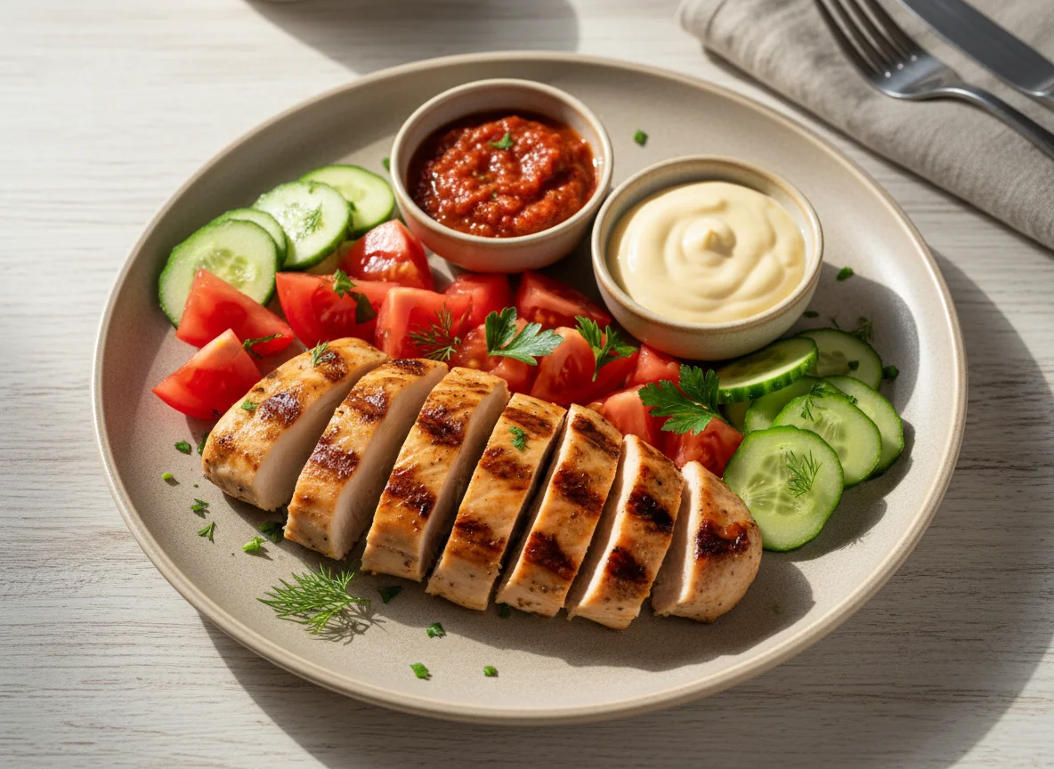 Курица гриль с овощами и соусами photo