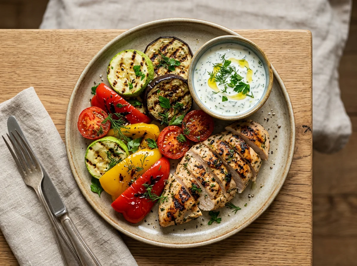 Курица гриль с овощами и соусом photo