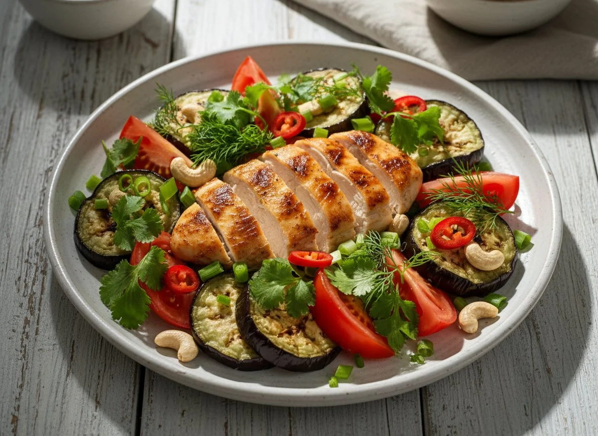 Курица гриль с овощами и зеленью photo