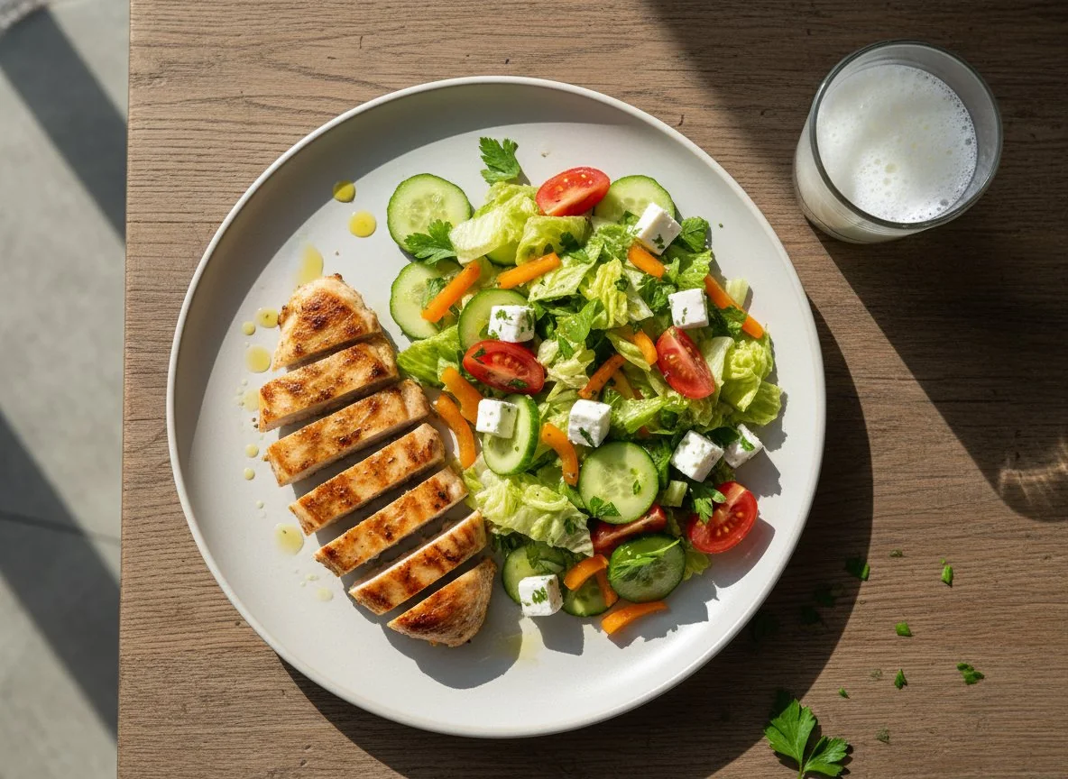 Курица гриль с овощным салатом, сыром фета и айраном photo