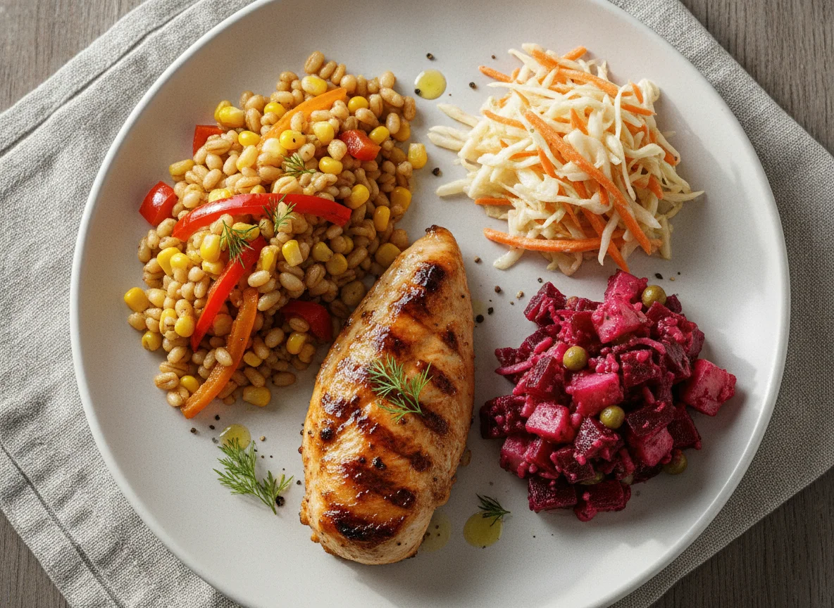 Курица гриль с перловкой и салатами photo