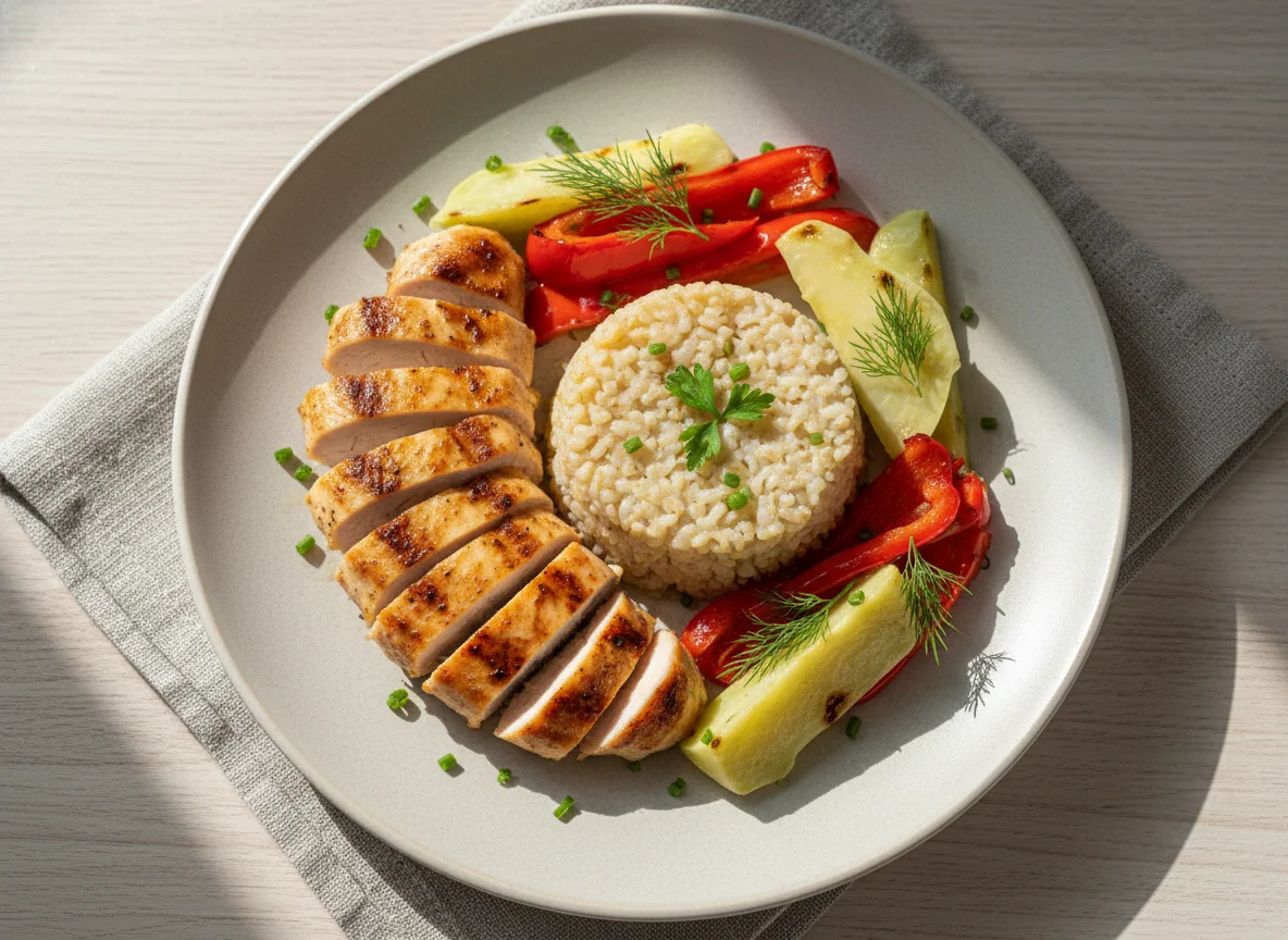 Курица гриль с полтавской кашей и овощами photo