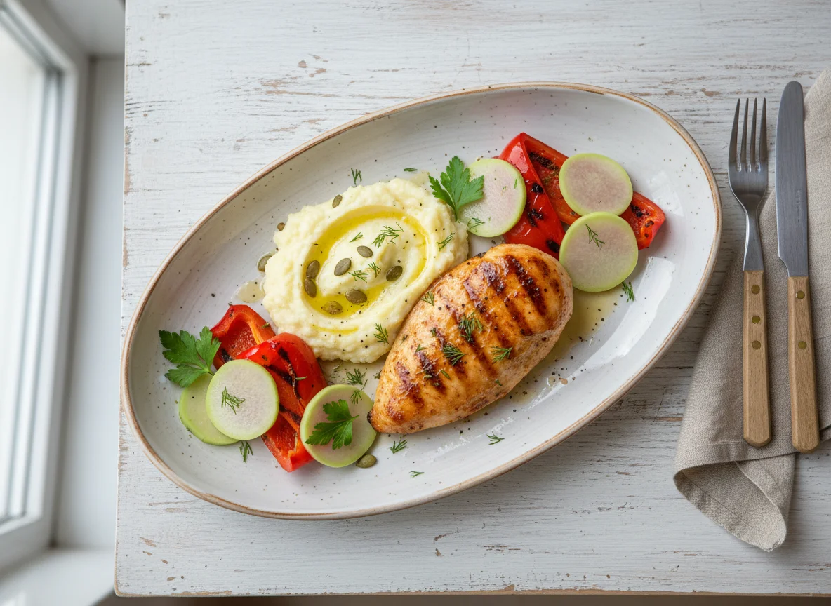 Курица гриль с пюре из цветной капусты и овощами photo