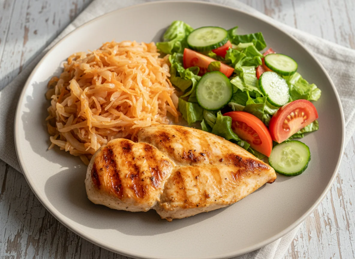 Курица гриль с тушеной капустой и овощным салатом photo