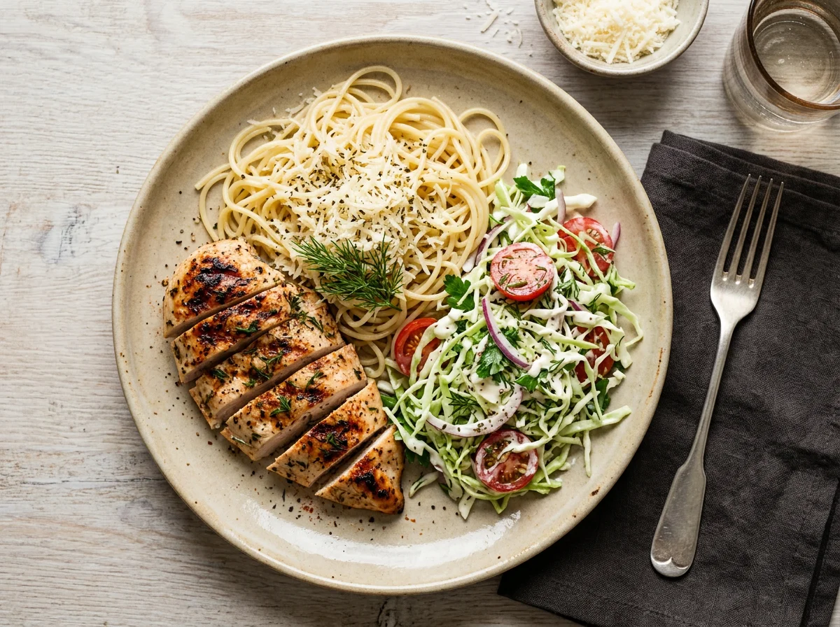 Курица гриль со спагетти и овощным салатом photo