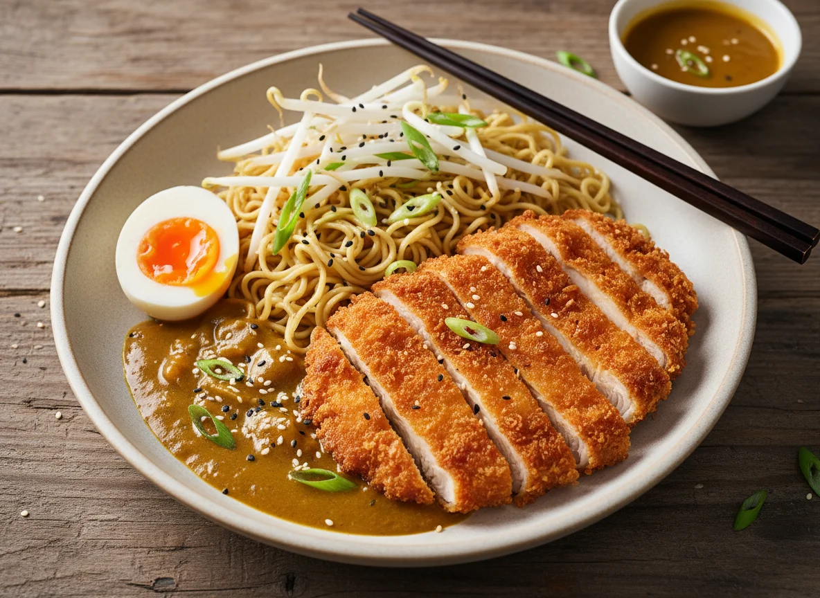 Курица Кацу с лапшой и яйцом photo