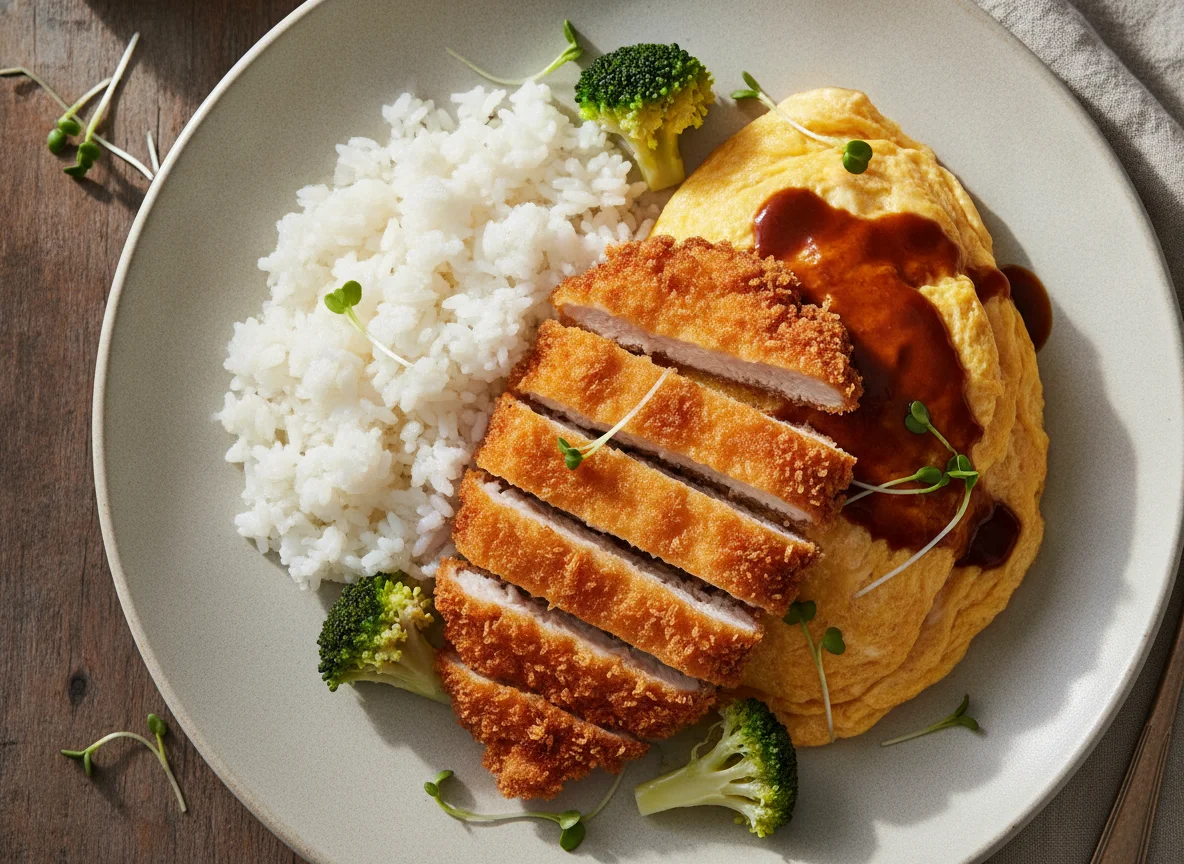 Курица Кацу с омлетом и рисом photo
