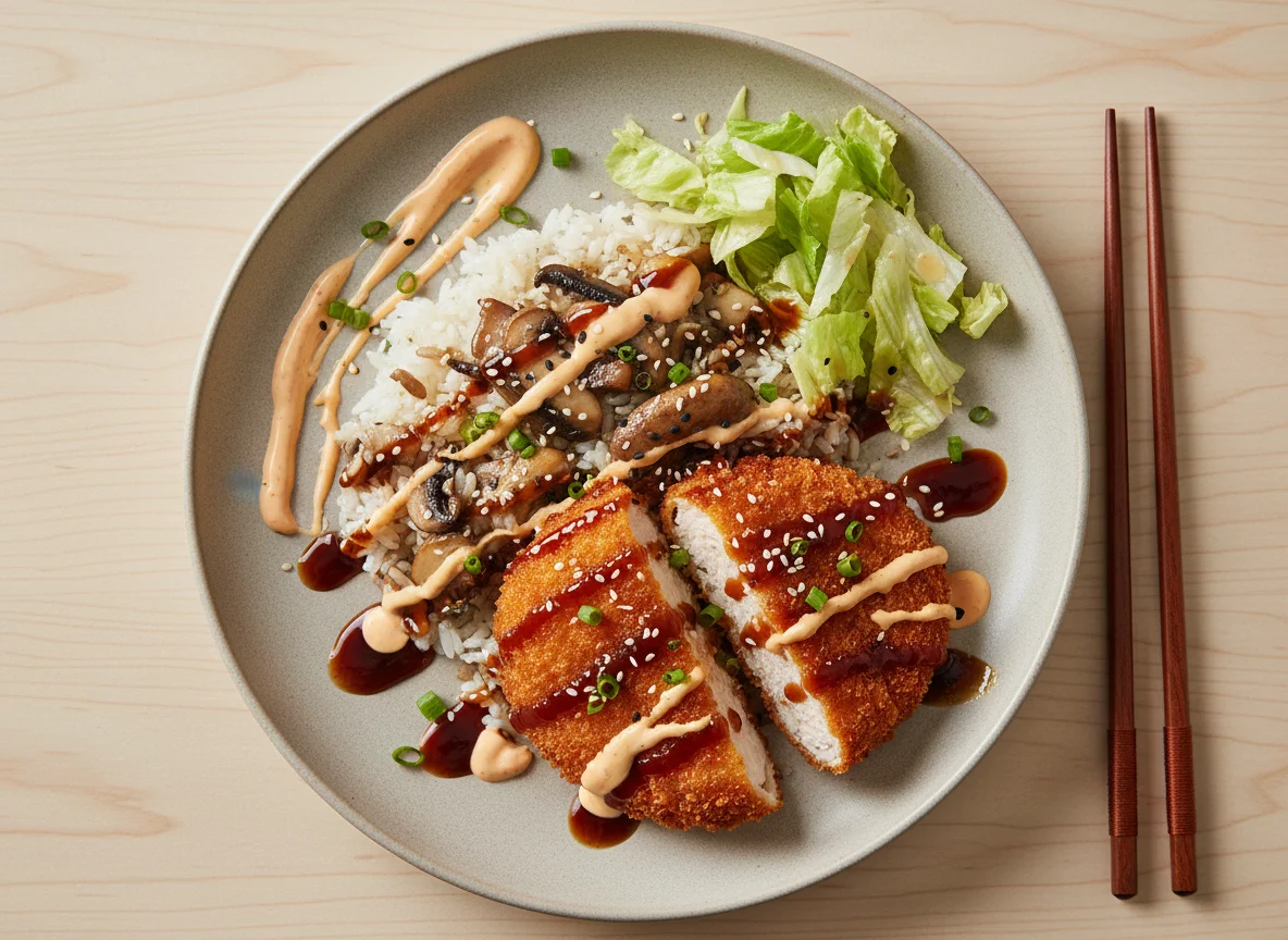 Курица Кацу с рисом и грибами photo