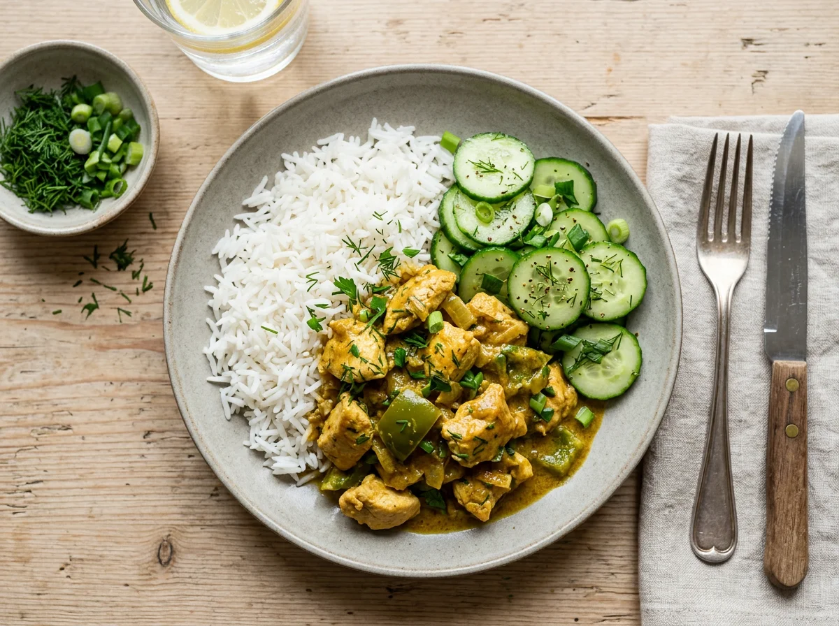 Курица карри с рисом и огурцом photo