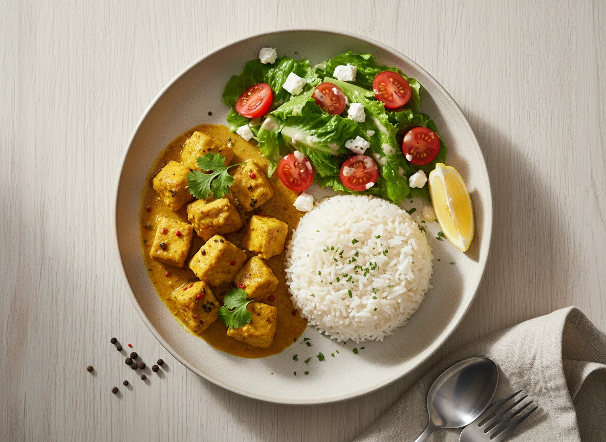 Курица карри с рисом и салатом photo