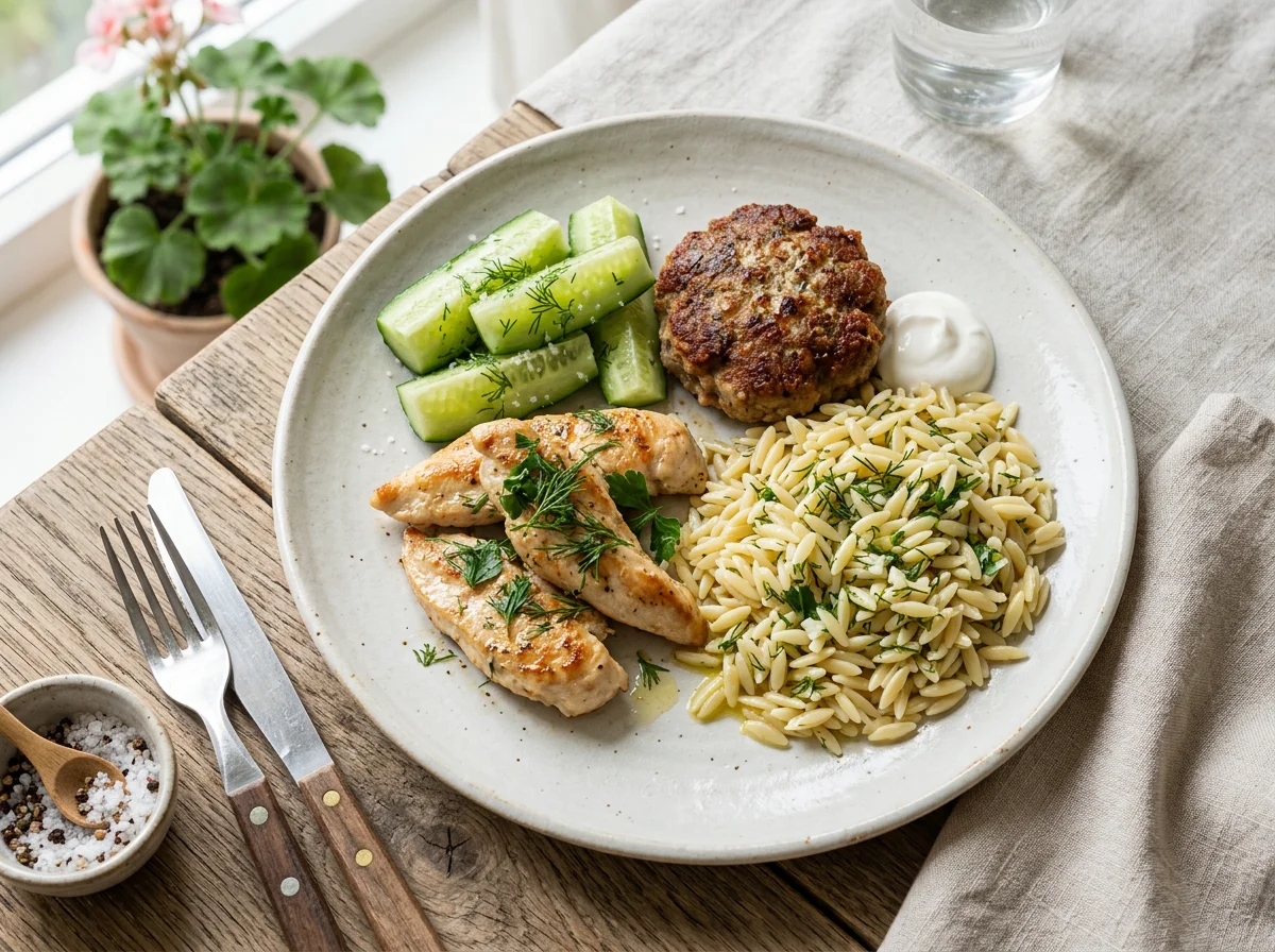 Курица, котлета, паста орзо и огурец photo