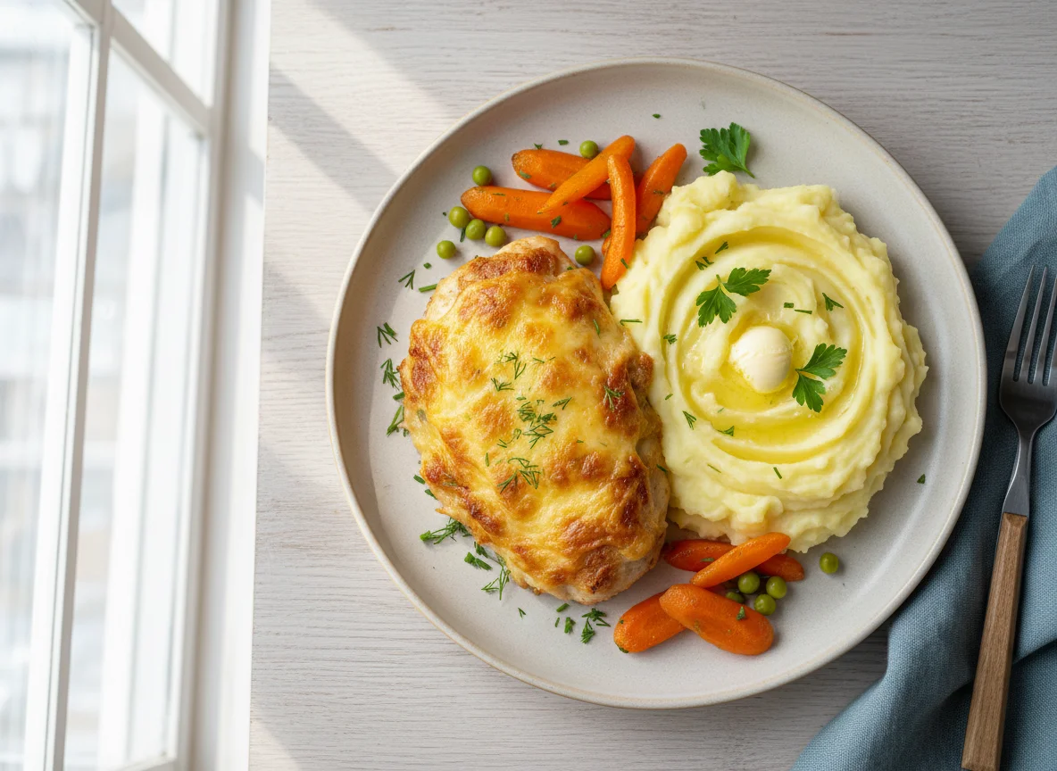 Курица под сыром с картофельным пюре photo