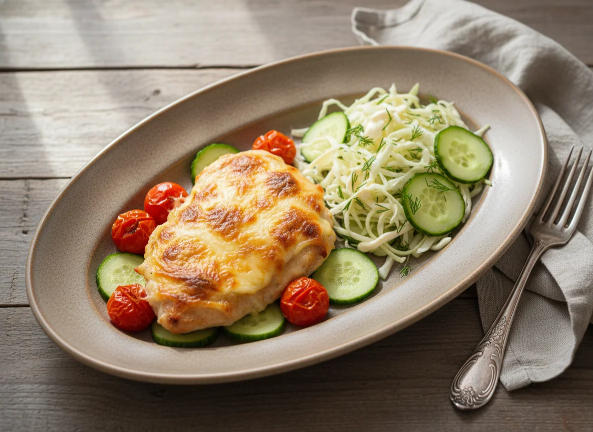 Курица под сыром с овощами и салат photo