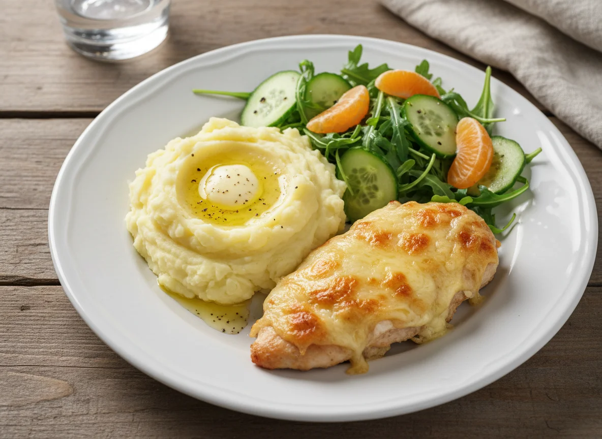 Курица под сыром с пюре и салатом photo