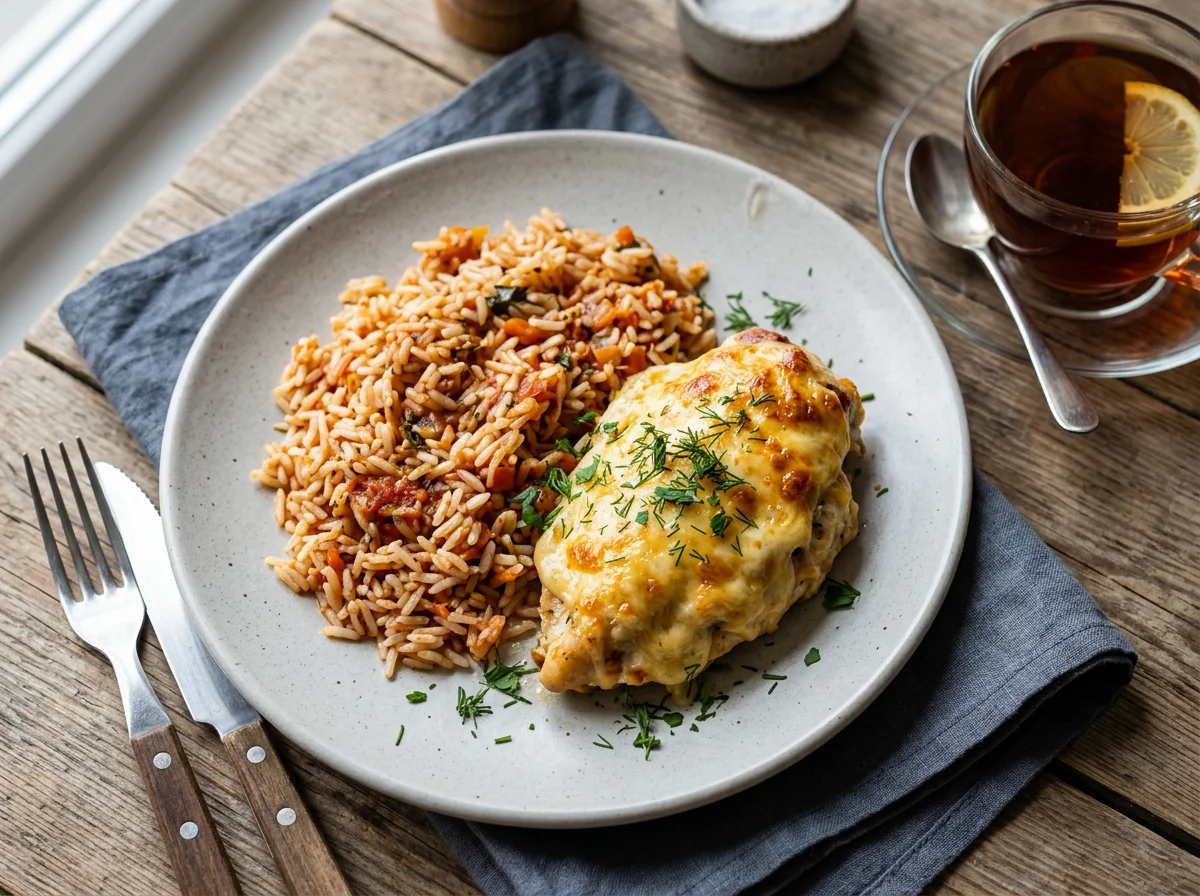 Курица под сыром с рисом и чаем photo