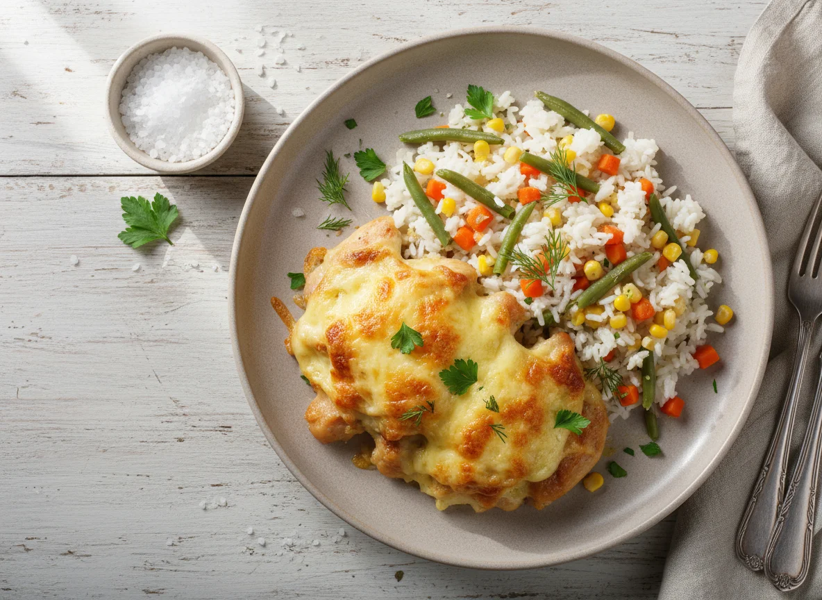 Курица под сыром с рисом и овощами photo