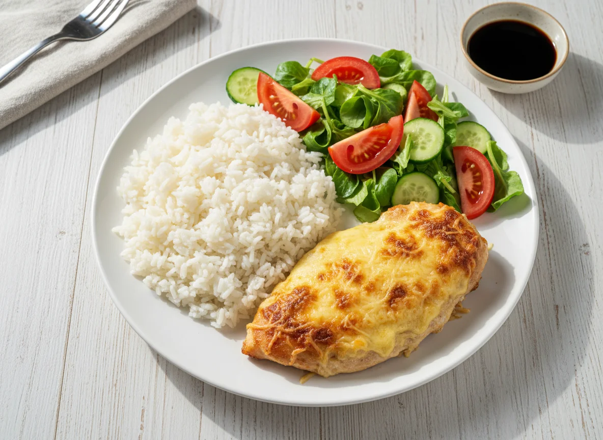 Курица под сыром с рисом и овощным салатом photo