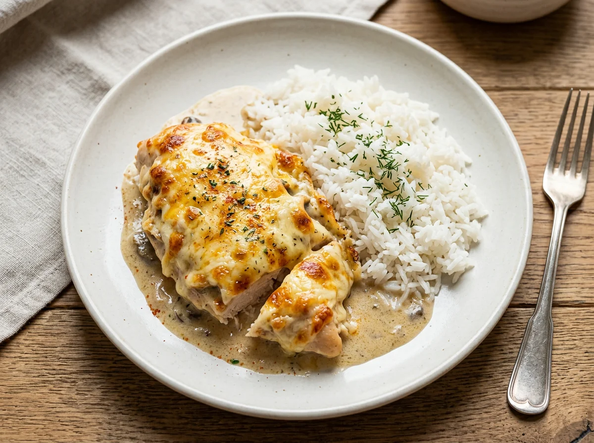 Курица под сыром с рисом photo