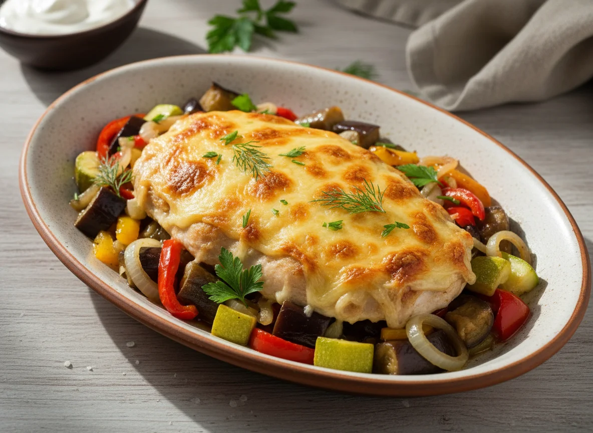 Курица под сыром с тушеными овощами photo