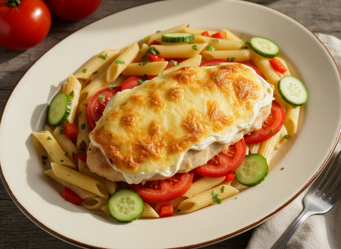 Курица по-французски с макаронами и овощами photo