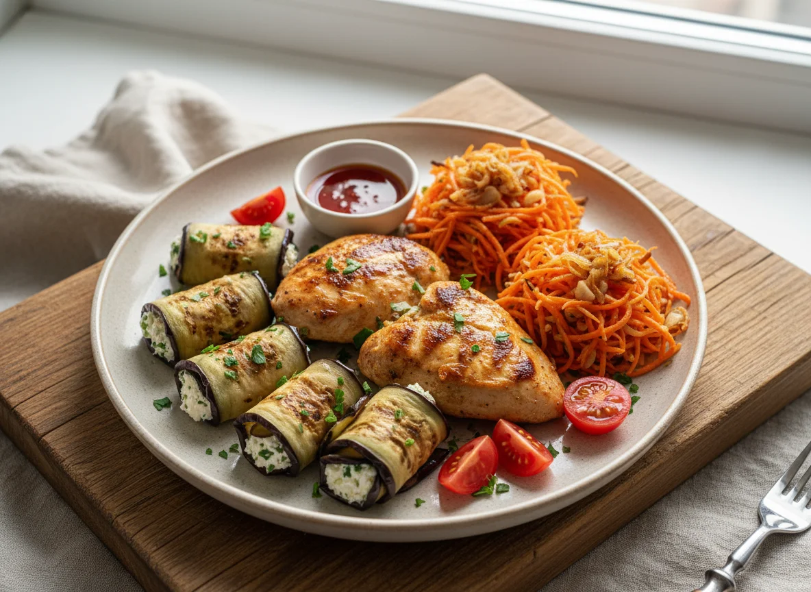 Курица, рулетики из баклажанов и морковный салат photo