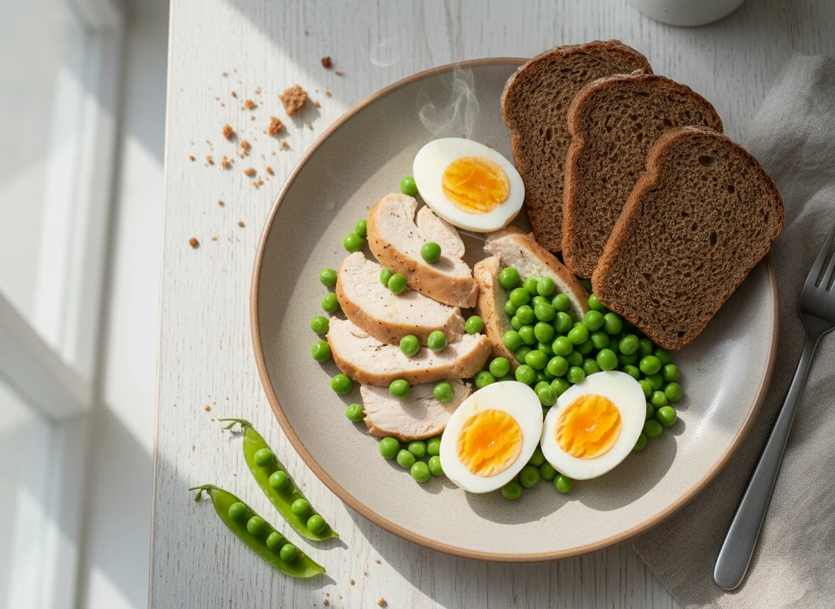 Курица с яйцами, горошком и хлебом photo