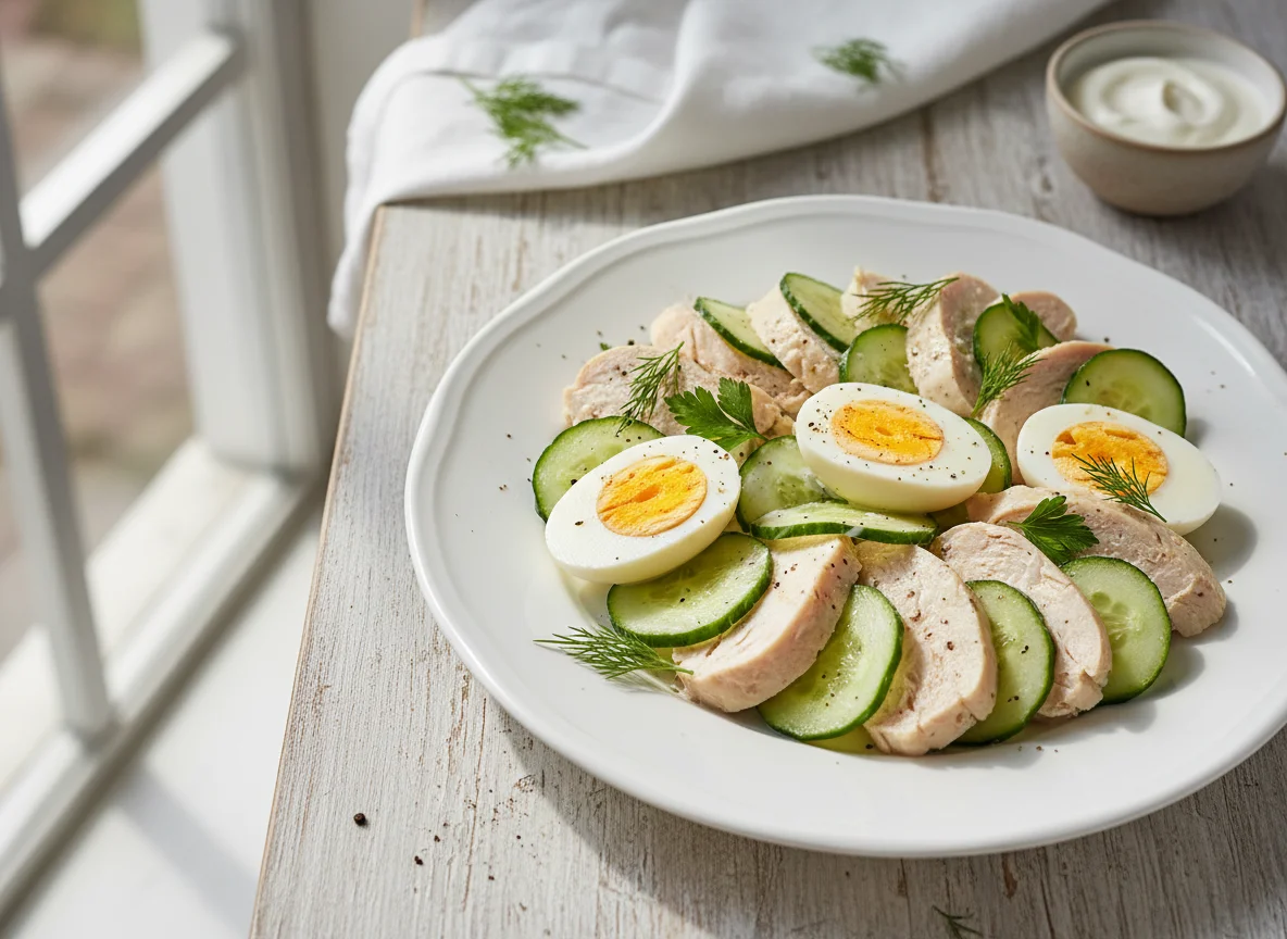 Курица с яйцами и огурцами photo